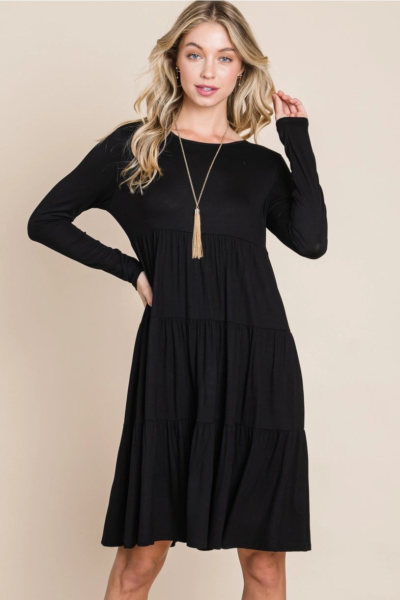 Casual Tiered Dress - BLACK, Solid