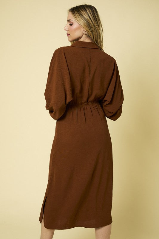 Long Sleeve Collared Button Down Midi Dress - Copper