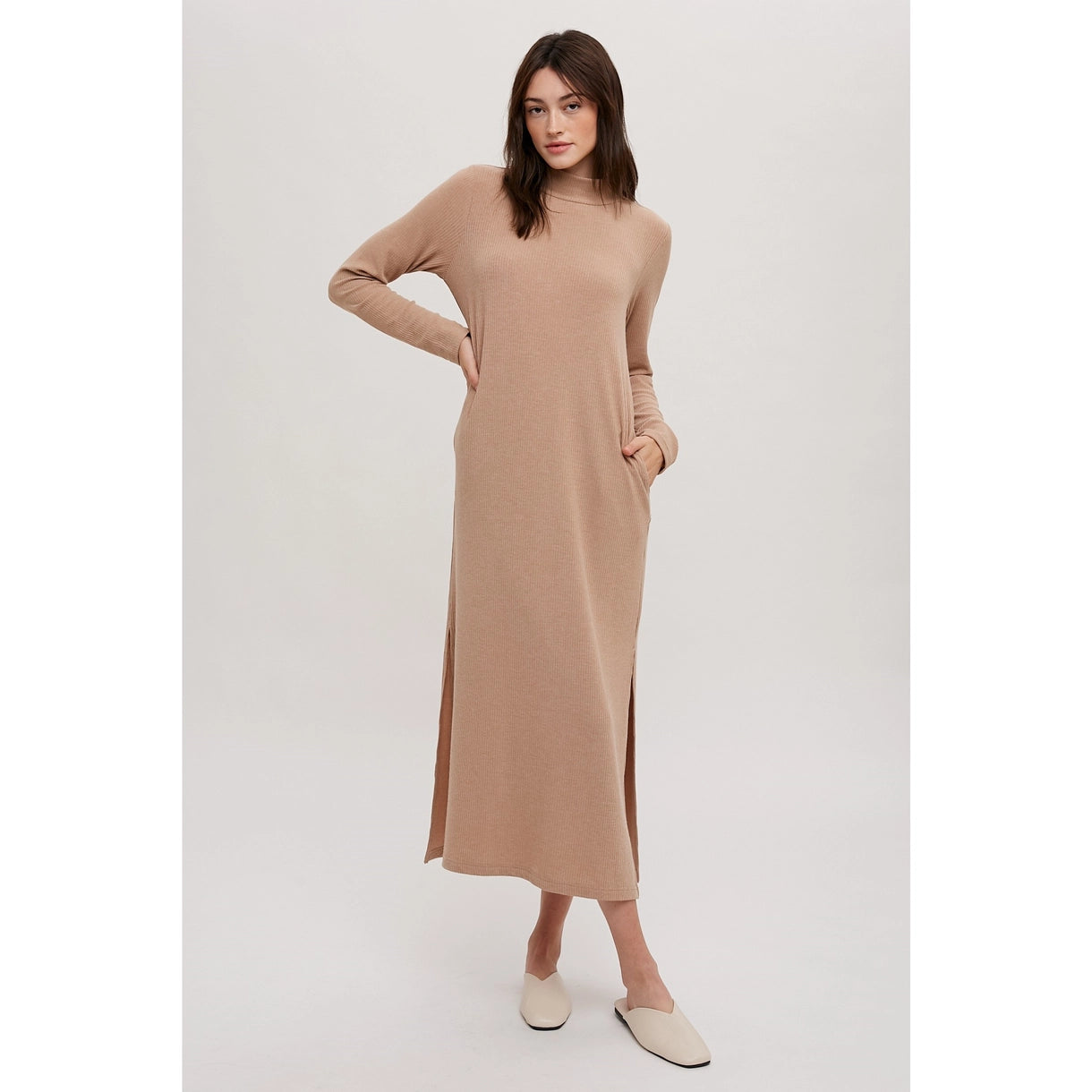 Mock Neck Knit Midi Dress Taupe