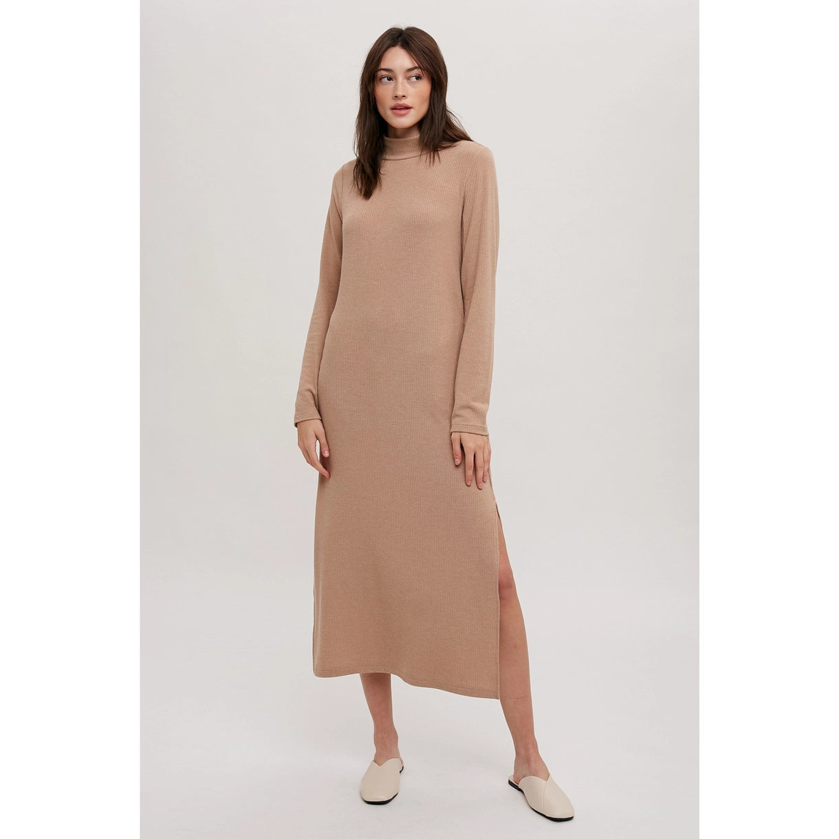 Mock Neck Knit Midi Dress Taupe