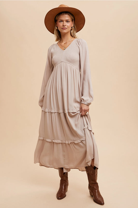 Smocked Ruffle Tiered Maxi Dress -  Beige