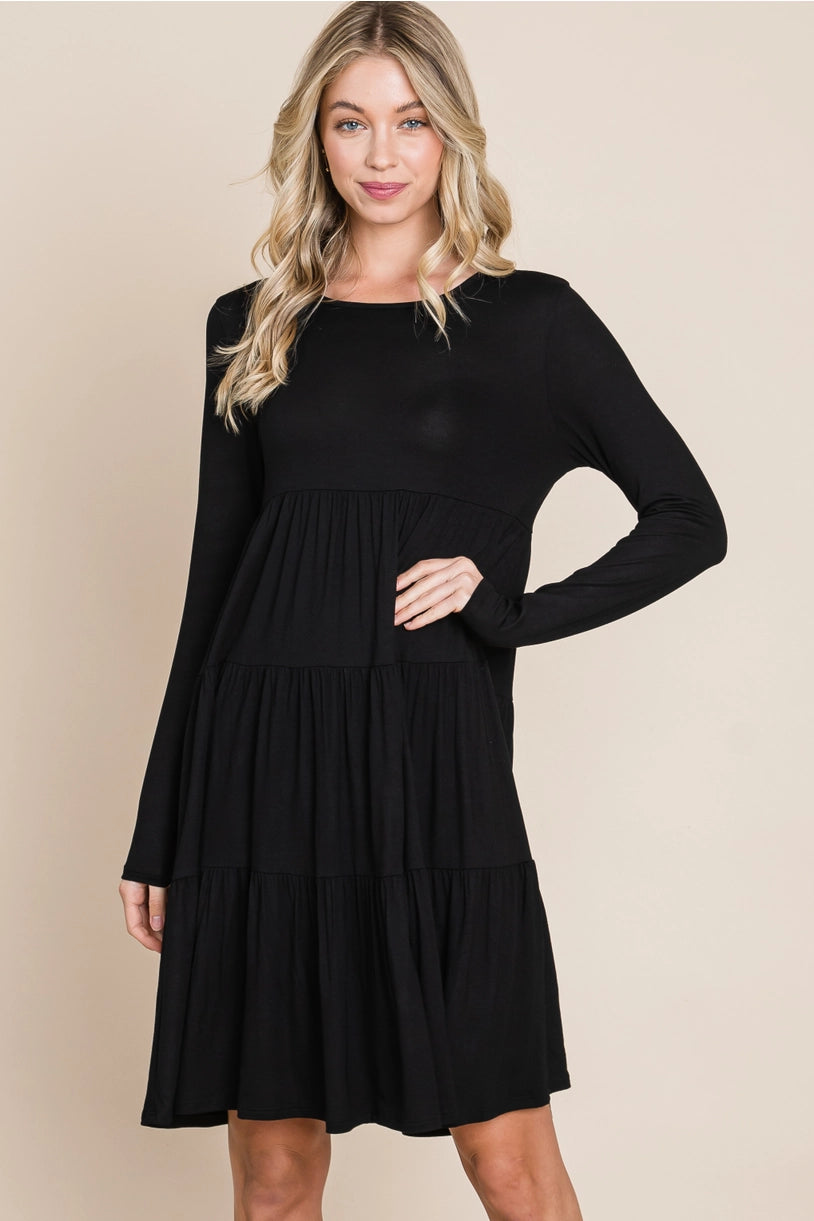 Casual Tiered Dress - BLACK, Solid