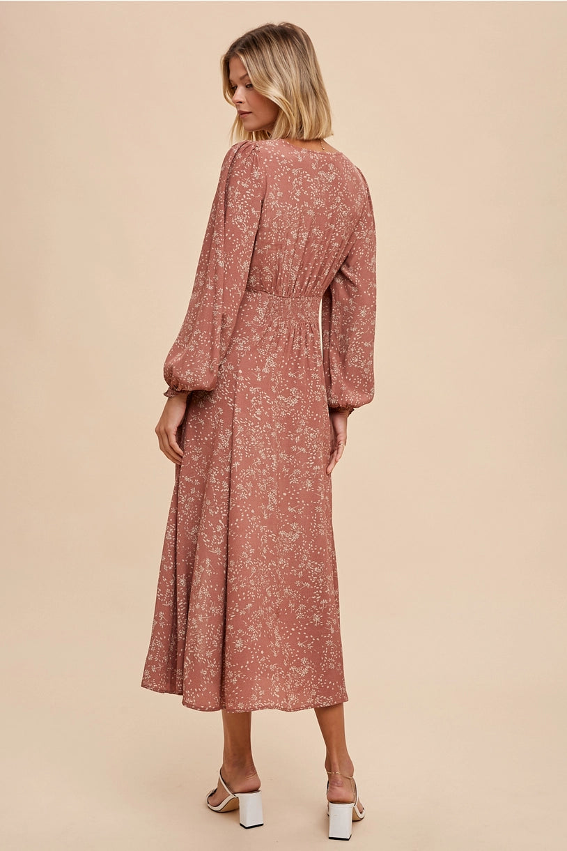 VISCOSE FLORAL BUTTON DOWN MAXI DRESS- ROSEWOOD