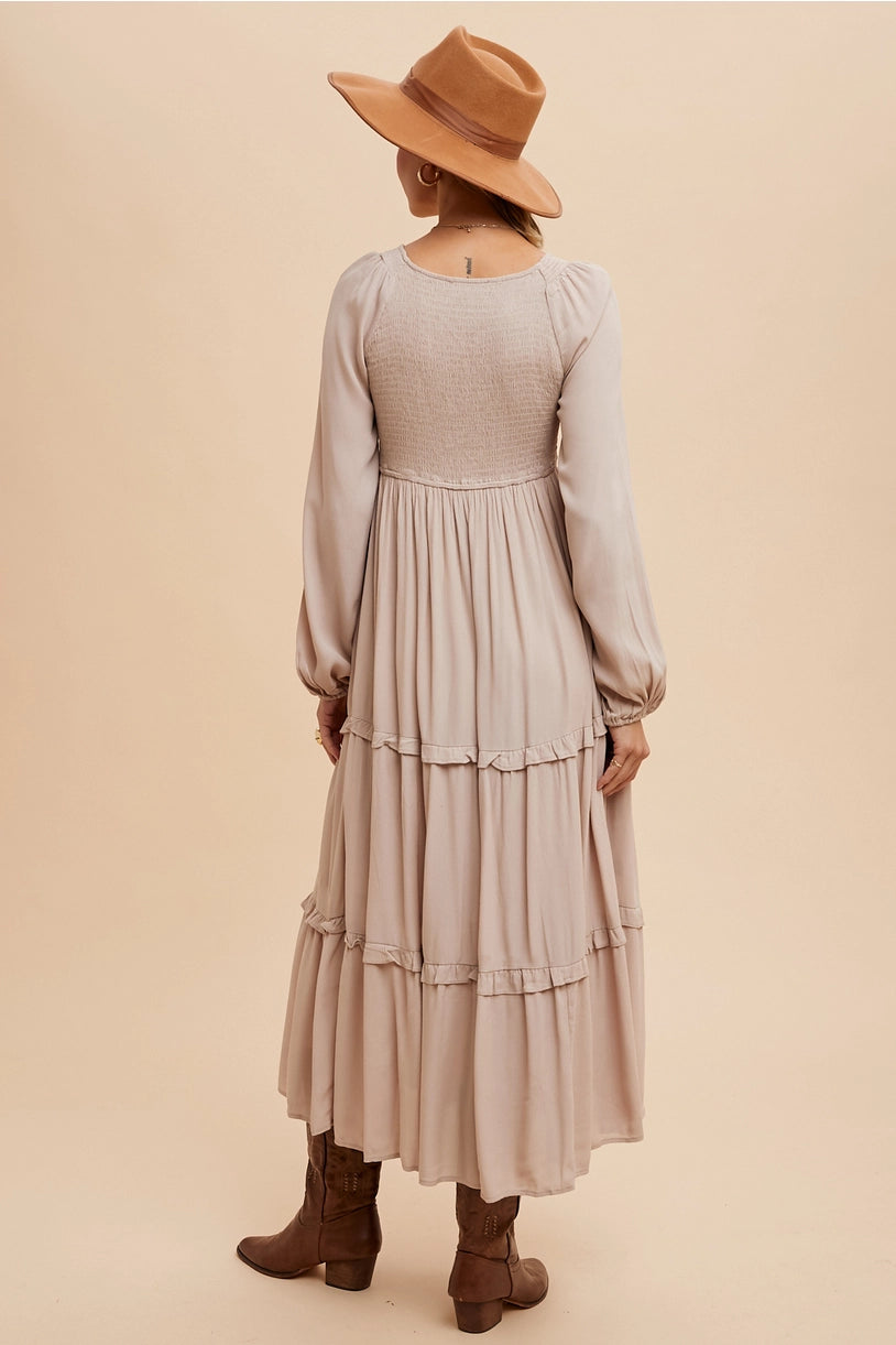 Smocked Ruffle Tiered Maxi Dress -  Beige