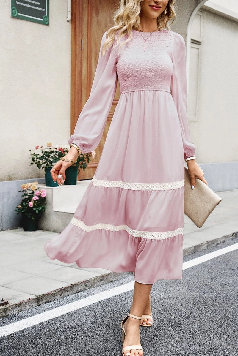 Women Lace Trim Long Sleeve Elegant Maxi Dress - Pink