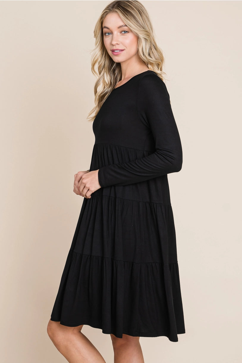 Casual Tiered Dress - BLACK, Solid