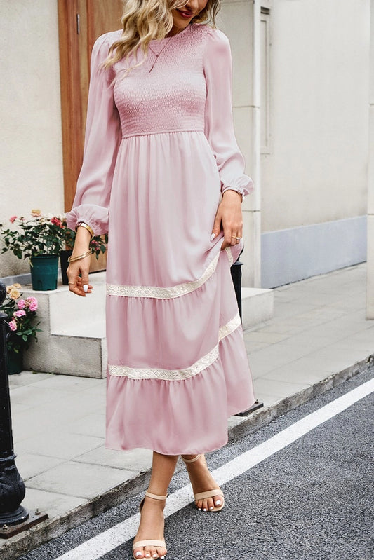 Women Lace Trim Long Sleeve Elegant Maxi Dress - Pink